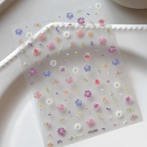 3D embossed spring floral nail art stickers featuring colorful daisies and violet leaves