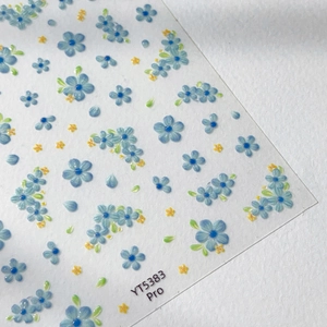 Floral nail art stickers with blue 5-petal flowers and green leaves pattern YT5383
