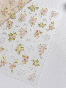 Detail of 3D embossed floral nail art stickers with bows and matte texture YT5429