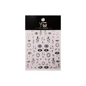 Evil eye and celestial snake nail art stickers in metallic silver and black finish