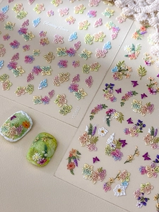 5D embossed nail art sticker featuring colorful 3D oil painting flowers and butterflies