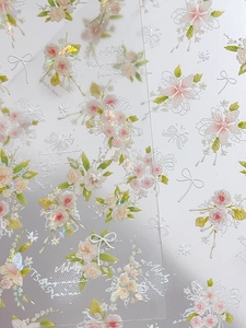 Macro detail of embossed floral nail stickers T5429 with glitter finish and bow patterns