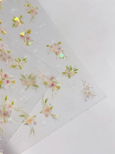 Macro detail of embossed floral nail art stickers with glitter laser rose and leaf designs