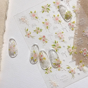 5D Relief Flower Nail Art Stickers Holographic Laser Bouquet White Bow Adhesive Nail Decals For Women Manicure Art Decoration