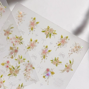 3D embossed floral nail art stickers featuring pink roses and iridescent butterfly bows