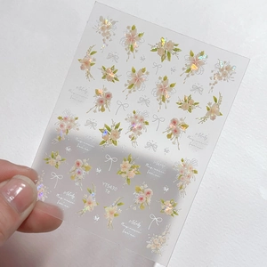 Self-adhesive floral nail art stickers with laser pink roses and white bows YT5430