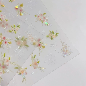 Floral relief nail art stickers with pink bouquets and laser shimmering bow designs
