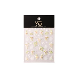3D floral nail art stickers with white bows and green leaves on white background