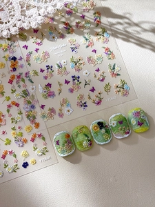 5D embossed nail stickers featuring Monet garden flower patterns and butterfly details