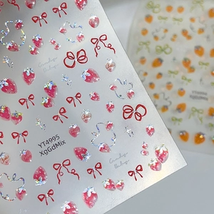 Adesivi per unghie 3D glitterati con fiocchi rossi e fragole e glitter laser