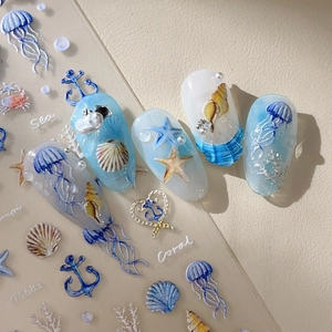 Autocollants pour Ongles Relief 3D Monde Marin Dessin Animé Méduse Coquillage Étoile de Mer Hippocampe Ancre Décoration pour Ongles Femme DIY