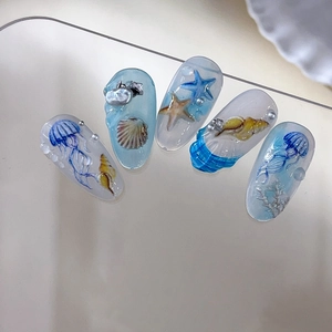 Stickers ongles relief 3D créatures marines avec méduses et coquillages bleu clair