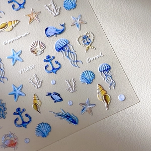Autocollants ongles 3D en relief avec motifs marins de coquillages et méduses