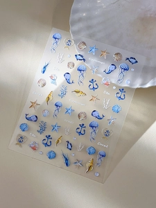 Stickers à ongles marins en relief avec méduses bleues et étoiles de mer dorées