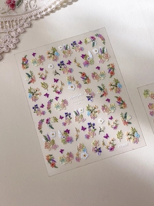 3D embossed Monet's Garden floral nail stickers with colorful flowers and butterflies