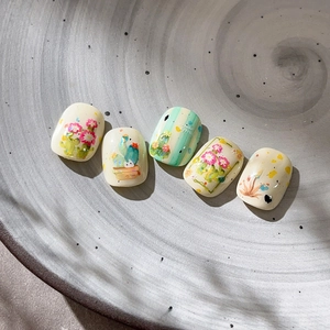 Exquisite hand-painted cactus and floral nail stickers with Hello Summer text designs