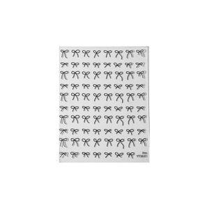 Minimalist black bow nail art stickers set on white backing card with varied designs