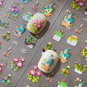 Laser holographic cactus and floral nail stickers with cute cartoon plant patterns