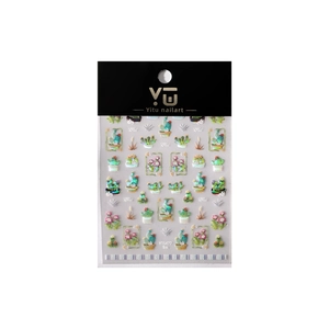 5D embossed cactus and succulent nail art stickers with colorful floral designs