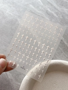 Self-adhesive 3D silver chrome cross nail art stickers with metallic embossed finish