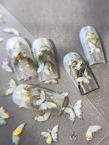 Long trapezoidal nail stickers with 3D butterfly, ink gradient, and gold foil details
