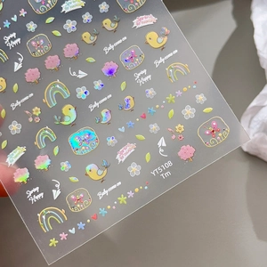 Adesivi per unghie olografici con uccelli e fiori con finitura iridescente per nail art
