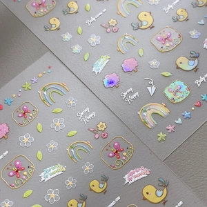 Adesivi per unghie con uccelli in rilievo con arcobaleno e fiori per nail art primaverile