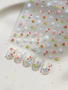 Detail of YT5932 summer nail art stickers with 3D embossed ice cream and watermelon designs