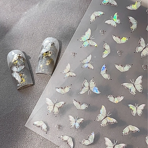 Iridescent laser butterfly nail art stickers with holographic aurora shimmer effect