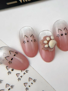 Detailed macro view of almond cat nail art with 3D flocked paw and pink gradient finish