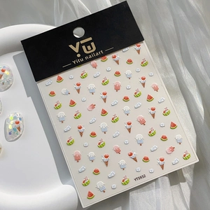 3D embossed summer nail art stickers featuring cute ice cream and watermelon patterns