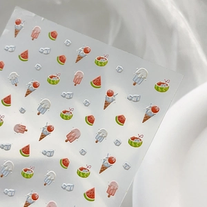 Embossed summer nail art stickers with 3D ice cream and watermelon patterns on white cloth