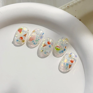 Short square nail tips with summer ice cream and watermelon patterns plus laser glitter