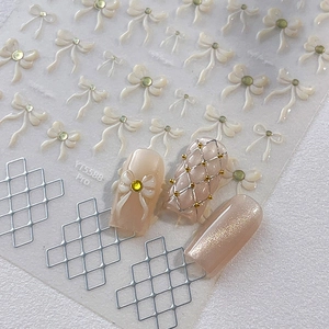 3D Embossed Bowknot Nail Art Stickers Sweet Checkered Grid Silver Line Design Manicure DIY Decoration Nail Decals For Women