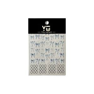 Dual-layer blue bow nail stickers with black grid pattern and rhinestone accents