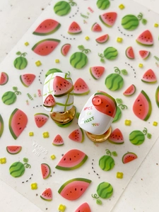 Detailed sheet of summer watermelon nail stickers and finished sample nails YT5895