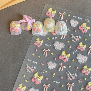 3D Embossed Nail Art Stickers Sweet Cherry Bow Heart Star Pattern Self Adhesive Manicure Decoration For Women Daily Use