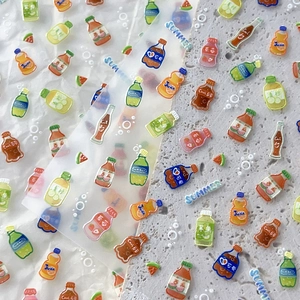 3D embossed summer beverage nail art stickers featuring juice and soda bottles