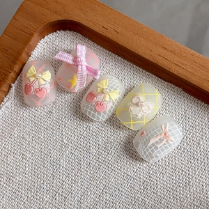 3D relief nail art stickers featuring pink cherries, bows and hearts in macaron colors