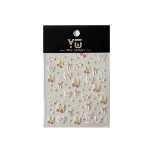 3D relief nail art stickers featuring pink bows, cherries, and stars for sweet girl style