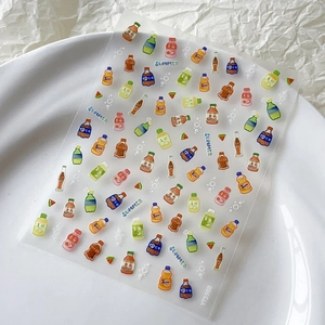 Cute summer beverage nail stickers featuring colorful soda bottles and watermelon slices