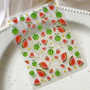 Cute summer watermelon nail stickers with floral patterns and polished finish decoration