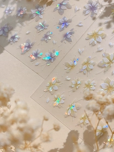 Close-up of 3D lavender and yellow floral nail stickers with laser iridescent effect