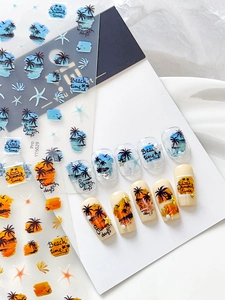 Detail of summer sunset beach nail stickers with palm tree and starfish patterns