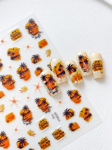 Macro detail of sunset beach nail stickers with palm trees and shells, model YT6028
