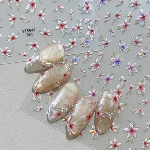 Yitu Holographic Laser Flower Nail Art Stickers Sweet Cherry Blossom Shell Luster Self-Adhesive Nail Decals For Women Decoration
