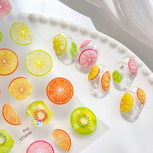 Summer fruit nail stickers with 3D resin lemon and kiwi slices for fresh manicure art