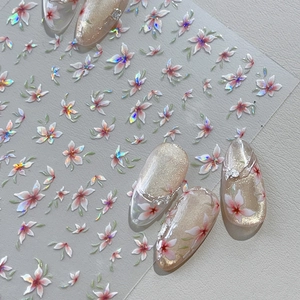 Iridescent pink floral nail stickers and decorative shell flower manicure nail art set