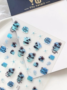 Detailed view of holographic summer beach nail stickers featuring palms and sea birds