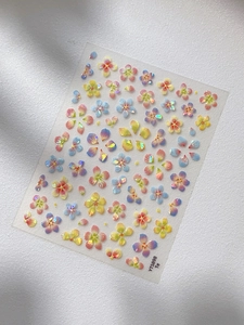 Detailed macro view of laser shell five-petal flower nail art stickers with aurora effect